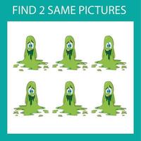 Find a pair game with funny  green  monsters.  Worksheet for preschool kids, kids activity sheet, printable worksheet vector