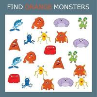 Find the  orange monster character among others. Looking for orange. Logic game for children.