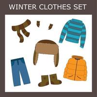 children's winter clothes for a boy on a white background. Collection of cold weather clothes for boys vector illustration