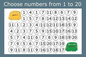 The task is to go through a maze of numbers from 1 to 20. Educational exercises for preschool children vector