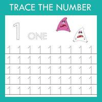 Number one  stroke worksheet with monsters for fine motor skills kids. Educational game for preschoolers. vector