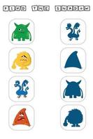 Find a pair or shadow  game with funny monsters.  Worksheet for preschool kids, kids activity sheet, printable worksheet vector