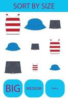 Match the clothes by size large, medium and small. Children's educational game. vector