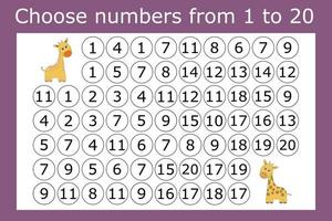 Counting maze for kids. A fun game, a mathematical puzzle with the selection of numbers from 1 to 20 in the correct order