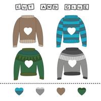 worksheet vector design, the task is to cut and paste a piece on a sweaters. Logic game for children.