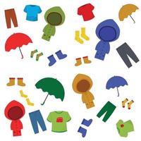 A set of clothes for a little  boy for autumn  Tshirt, pants, a raincoat, an umbrella, boots, socks. Outfit for a child for autumn vector