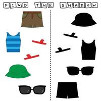 Developing activity for children, find a pair among identical of   clothes  short, t-shirt, panama, sunglasses, flip flops. Logic game for children. vector