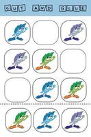 worksheet vector design, the task is to cut and glue a piece on colorful  monsters.  Logic game for children.