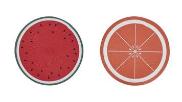 Placemat, table, water glass, watermelon and orange shape, circle isolated on white background with clipping path photo