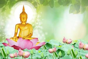 Makha Asanaha Visakha Bucha Day Golden Buddha image. Background of Bodhi leaves with shining light. Soft image and smooth focus style photo