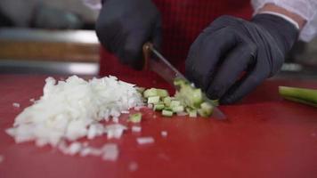 o cozinheiro está cortando a pimenta. confecção de saladas. o cozinheiro está cortando a pimenta para usar na salada. câmera lenta. video