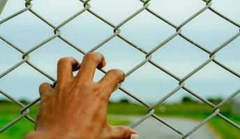 Man hand holding metal chain link fence. Refugee and immigrant concept. Life and freedom. Anguish, gloom, and persecution feeling. Man hand grabbing cage or camp fence. Prison fence. Barrier border. photo