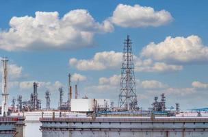 Oil refinery or petroleum refinery plant with blue sky background. Power and energy industry. Oil and gas production plant. Petrochemical industry. Natural gas storage tank. Petroleum business. photo