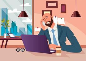 Business concept. General manager talking on phone, vector illustration.