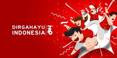 17 August. Indonesia Happy Independence Day greeting card with family, kids joy together for 76 years indonesia freedom vector