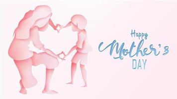 Happy mother's day greeting card. Paper cut style Cute little boy congratulates mom with dancing, playing, and hands showing heart shape symbol in pink background. Vector illustration. - Vector