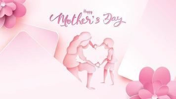 Happy mother's day greeting card. Paper cut style little boy congratulates mom with dancing and hands showing heart shape symbol in pink background. Vector illustration. Copy space for text. - Vector