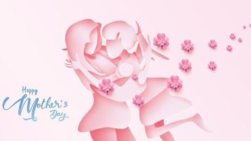 Happy mother's day greeting card. Paper cut style Child daughter running and hugging to her mum to congratulate in pink background with flying flowers. Vector illustration. - Vector