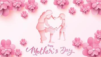 Happy Mother's day greeting card. Paper cut style little boy congratulates mom with dancing, playing, and hands showing heart shape symbol with abstract flower. Vector illustration on pink. - Vector