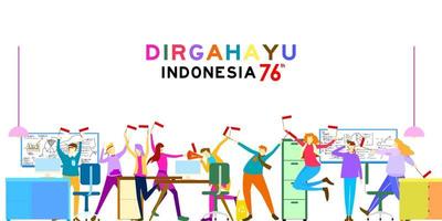 Indonesia independence day greeting card with spirit young people concept illustration. 76 tahun kemerdekaan indonesia translates to 76 years Indonesia independence day.