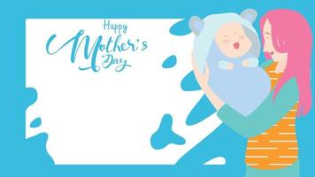Happy mother's day greeting card. beautiful Mum smiling and holding healthy baby with happy. Colorful vector illustration flat design style. Flat cartoon style. Copy space for text. - vector