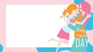 happy mother's day banner. Child daughter running and hugging to her mum to congratulate with liquid shape background. Colorful vector illustration flat design style. Copy space for text. - vector