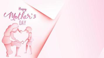 Happy mother's day greeting card. Paper cut style little boy congratulates mom with dancing and hands showing heart shape symbol in pink background. Vector illustration. Copy space for text. - Vector