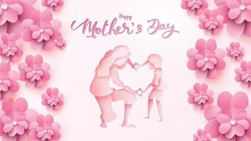 Happy Mother's day greeting card. Paper cut style little boy congratulates mom with dancing, playing, and hands showing heart shape symbol with flower border. Vector illustration on pink. - Vector