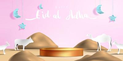 Eid al adha islamic decoration display podium background with goat, camel , cow , moon and star . Product showcase for ramadan kareem, mawlid, eid al fitr, muharram vector