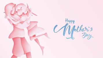 Happy mother's day greeting card. Paper cut style Child daughter running and hugging to her mum to congratulate in pink background. Vector illustration. Copy space for text. - Vector