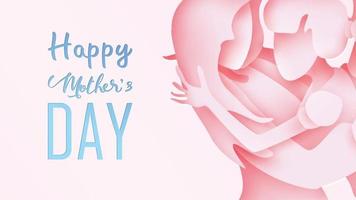 Happy mother's day greeting card. Paper cut style Child daughter running and hugging to her mum to congratulate in pink background. Vector illustration. Copy space for text. - Vector