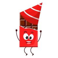 Cute cartoon chocolate bar in a festive hat. Vector character highlighted on a white background for a mascot, books, postcards and more.