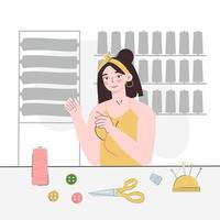 A young woman threads a needle. A seamstress's workplace. Fashion designer, dressmaker. Needlework, hobbies, home leisure. Vector illustration isolated on a white background