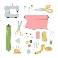 Set of sewing tools. Needlework, handicrafts, hobbies. Fashion designer, dressmaker. Vector illustration on a white background