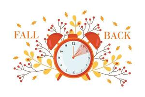 Daylight saving time concept.Alarm clock  on the autumn leaves  background. The reminder text - set clock back one hour. Vector illustration