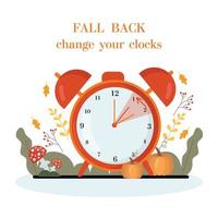 Daylight saving time concept.Alarm clock  on the autumn leaves and pumpkins background. The reminder text - set clock back one hour. Vector illustration