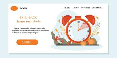 Daylight saving time concept web banner.Alarm clock  on the autumn leaves and pumpkins background. The reminder text - set clock back one hour. Vector illustration