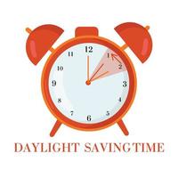 The concept of daylight saving time. Alarm clock . The text of the reminder is to set the clock back one hour. Vector illustration