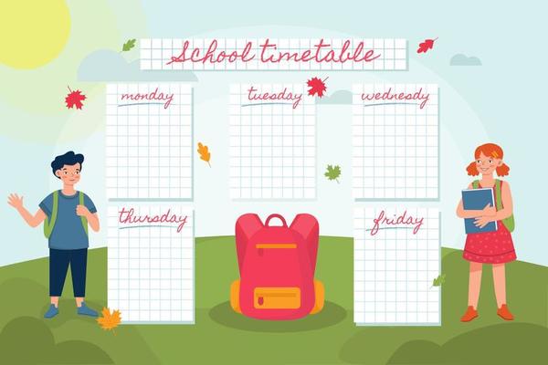 Back to the school schedule template vector. Cute boy and girl on the school lawn. Bright background for the school schedule.