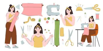 Young seamstress woman and a set of sewing tools. Needlework, handicrafts, hobbies. Fashion designer, dressmaker. Vector illustration on a white background
