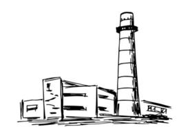 Hand-drawn simple ink vector sketch. Old factory with a pipe. Industrial building. Black outline on a white background.