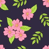 Beautiful floral seamless vector pattern. Pink flowers green leaves, twigs on a dark purple background. For prints of fabric, clothing, textile products.