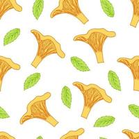 Hand-drawn simple vector color seamless pattern. Forest bright edible mushroom chanterelle green leaves on a white background. For prints of fabric, labels, kitchen textiles, packaging.