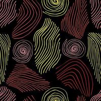 Hand-drawn abstract vector seamless pattern. Thin colored stripes, circles, lines on a black background. For prints of fabric, textile, paper.