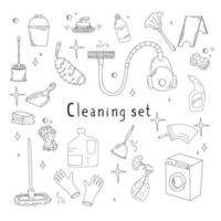 Hand Drawn Set With Elements Of Cleaning Products. Vacuum Cleaner, Mops, Gloves, Rags and more in the Doodle Style. vector