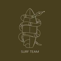 Surf Team. A Snake Around a Surfboard. Hand Drawn Vector. vector