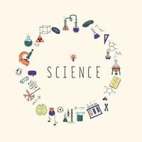 Conjunto de ciencia con elementos de ciencia. matraces, microscopio, fórmulas y más. el concepto de física, química, biología. vector