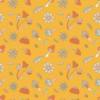 Seamless Pattern With Doodle Style Flowers And Mushrooms. Hippie Print Concept. vector