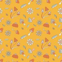 Seamless Pattern With Doodle Style Flowers And Mushrooms. Hippie Print Concept. vector