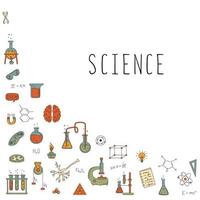 Conjunto de ciencia con elementos de ciencia. matraces, mikrokop, fórmulas y más. el concepto de física, química, biología. vector